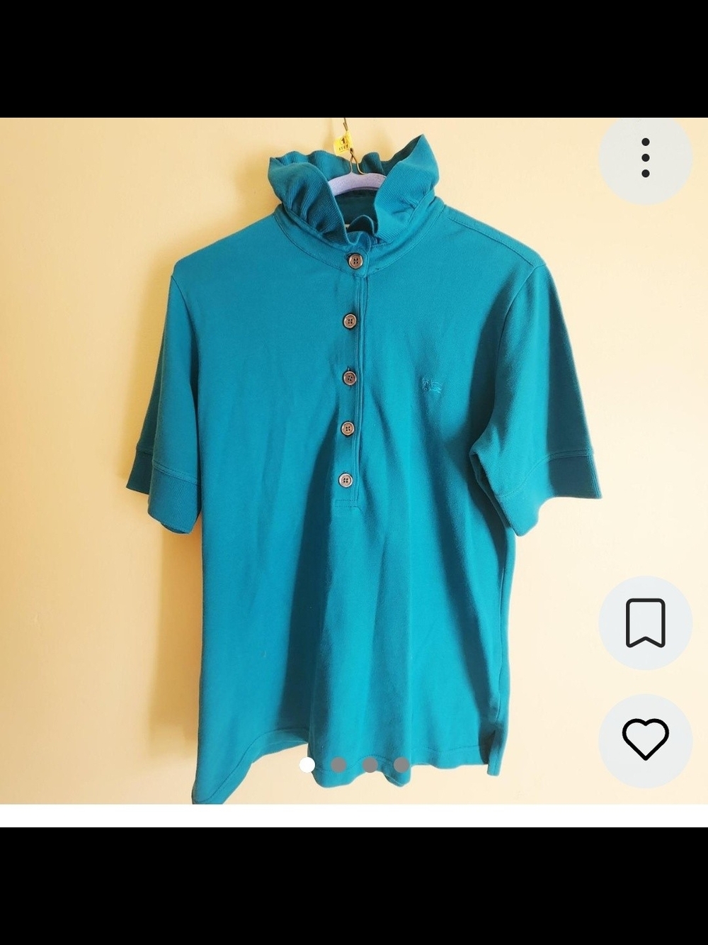 Burberry Teal Short-Sleeve Button Polo with Ruffle Collar